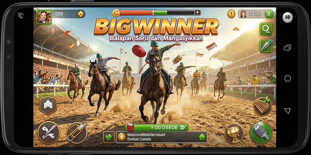 Screenshot gameplay BIGWINNER menampilkan balapan penuh aksi.