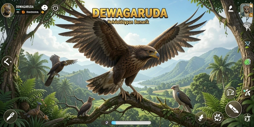 Tangkapan layar utama DEWAGARUDA menampilkan gameplay burung yang interaktif.