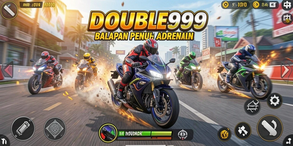 Screenshot gameplay DOUBLE999 yang menampilkan aksi balapan motor yang mendebarkan.