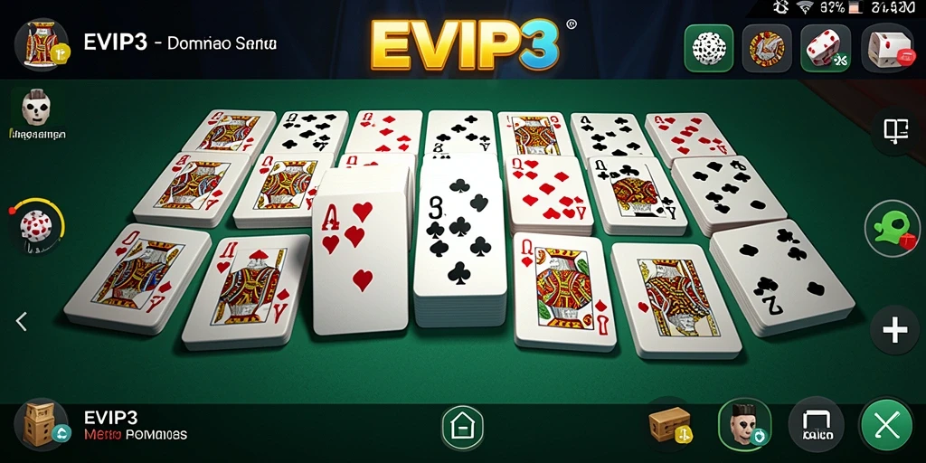 Screenshot dari gameplay EVIP3 dengan tampilan kartu Domino yang menarik.