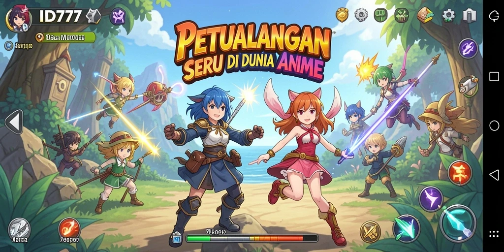 Tangkapan layar gameplay ID777 menampilkan karakter anime dalam pertarungan epik.