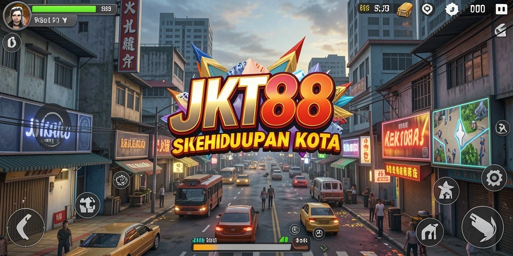 Tangkapan layar gameplay JKT88 menampilkan simulasi kota yang dinamis.