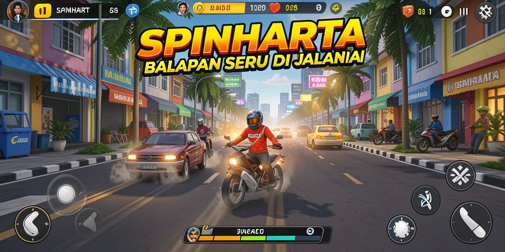 Gameplay mendebarkan dalam SPINHARTA dengan balapan seru.