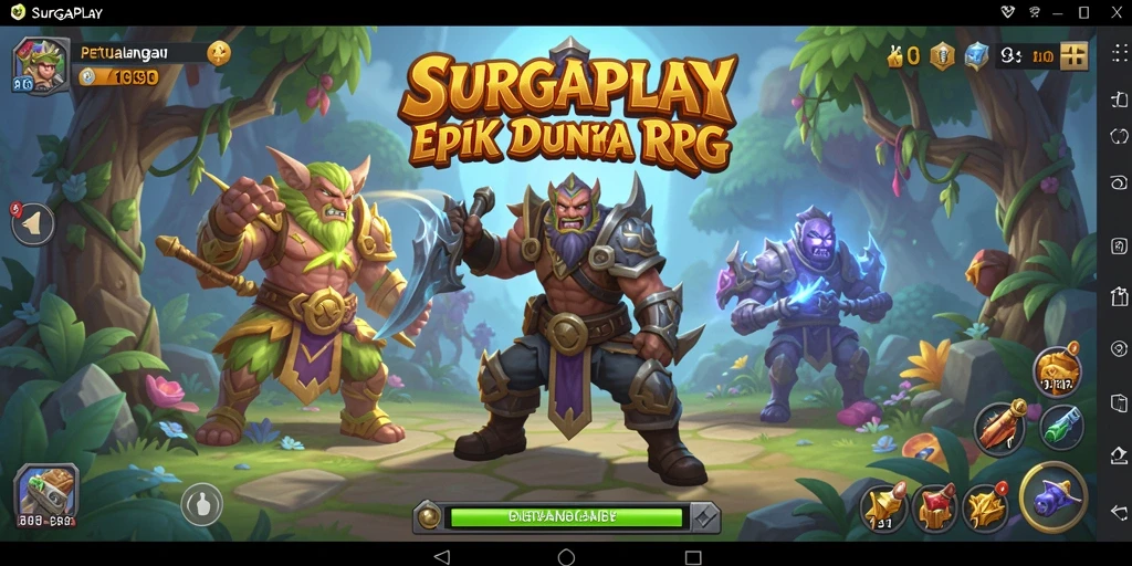 Tampilan gameplay SURGAPLAY dengan karakter yang beraksi dalam pertempuran RPG.