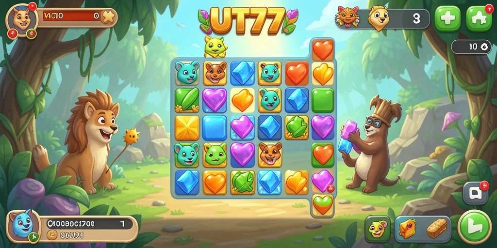Tampilkan layar permainan UT77 dengan aksi match-3 seru.